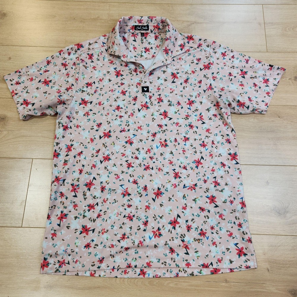 Bad Birdie Polo Shirt Mens Large Pink Floral Print Golf Performance Stretch